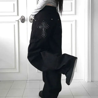 Back pocket cubic logo super wide denim pants