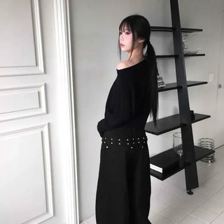 Studded Bag Belt Point Loose Elastic Pants