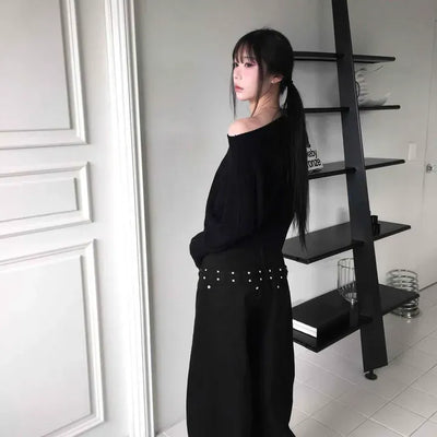 Studded Bag Belt Point Loose Elastic Pants