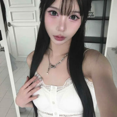 Lace Button Slim Ribbed Sleeveless Cap