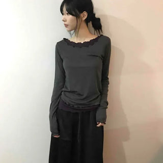 Solid Color Chiffon Lace Hem Shirred Elastic Waist Skirt
