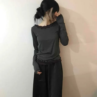 Solid Color Chiffon Lace Hem Shirred Elastic Waist Skirt