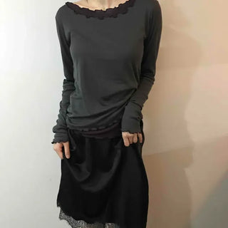 Solid Color Chiffon Lace Hem Shirred Elastic Waist Skirt