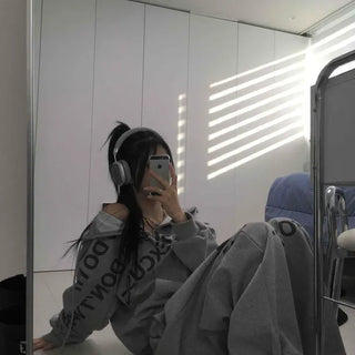 Typography Lettering Oversized Zip-Up Hoodie & Wide Jogger Pants Two-Piece Set