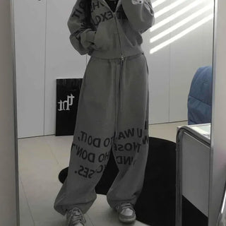 Typography Lettering Oversized Zip-Up Hoodie & Wide Jogger Pants Two-Piece Set
