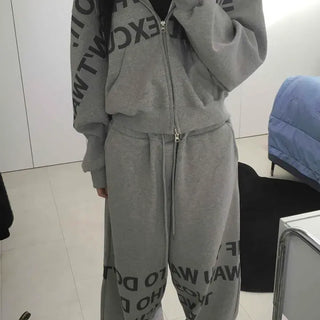 Typography Lettering Oversized Zip-Up Hoodie & Wide Jogger Pants Two-Piece Set
