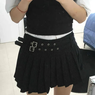 Double Belt Eyelet Pinstripe Pleated Mini Skirt
