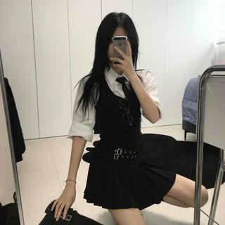 Double Belt Eyelet Pinstripe Pleated Mini Skirt