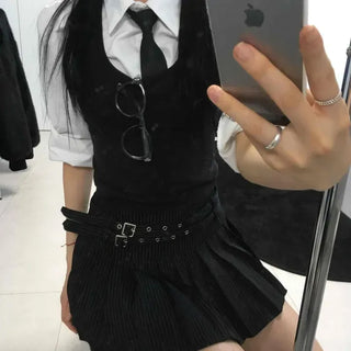 Double Belt Eyelet Pinstripe Pleated Mini Skirt