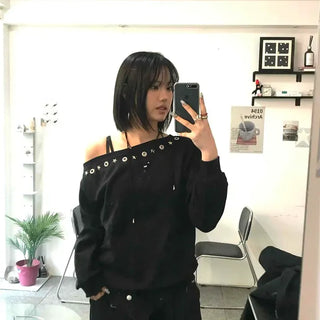One-Off Shoulder Loose Fit Sweatshirt with Eyelet Detail