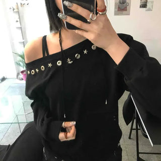 One-Off Shoulder Loose Fit Sweatshirt with Eyelet Detail