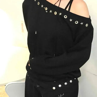One-Off Shoulder Loose Fit Sweatshirt with Eyelet Detail