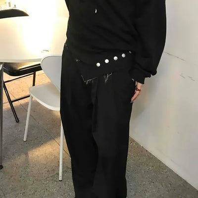 Loose Fit Damaged Belted Pintuck Wide Slacks