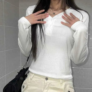 Slim Fit Button Chest Cutout Long Sleeve T-shirt