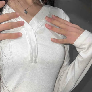 Slim Fit Button Chest Cutout Long Sleeve T-shirt