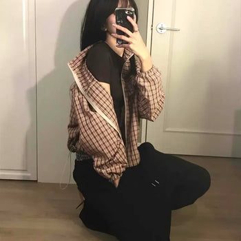 Check Stand-Neck Balloon Fit Zip-Up Crop Windbreaker