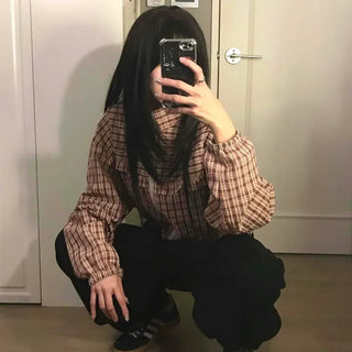 Check Stand-Neck Balloon Fit Zip-Up Crop Windbreaker