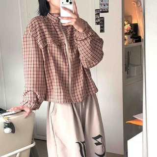 Check Stand-Neck Balloon Fit Zip-Up Crop Windbreaker