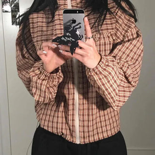Check Stand-Neck Balloon Fit Zip-Up Crop Windbreaker