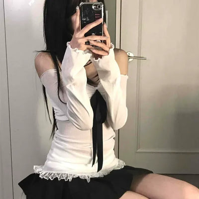 Front Ribbon Tie Lace Trimmed Off-Shoulder Long Sleeve Top