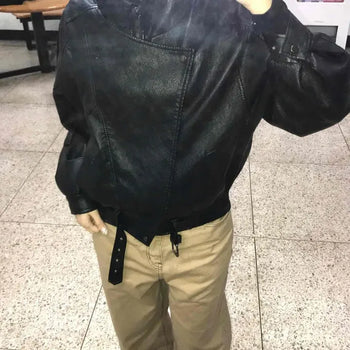 Oversized Rider Cropped Leather Jacket with Zipper Detail