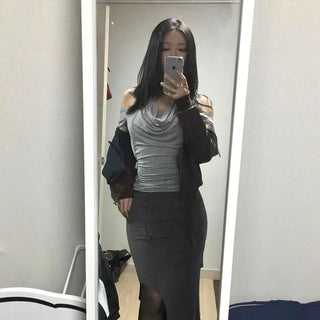 Drawstring Elastic Slim Fit Slit Long Skirt
