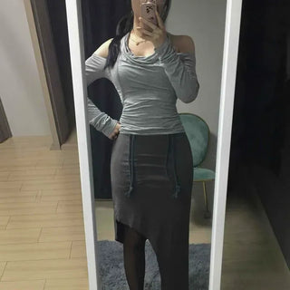 Drawstring Elastic Slim Fit Slit Long Skirt