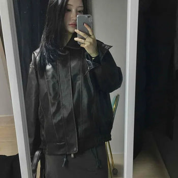 Balloon Fit Leather Zip-Up Crop Jacket
