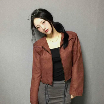 Cropped Rider Collar Suede Jacket