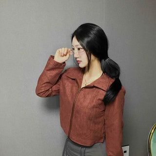 Cropped Rider Collar Suede Jacket