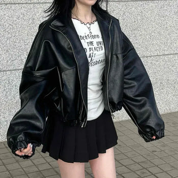 Oversized Shirred Elastic Zip-up Leather Short Jacket