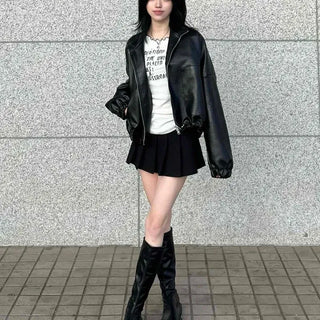 Oversized Shirred Elastic Zip-up Leather Short Jacket
