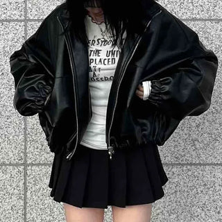 Oversized Shirred Elastic Zip-up Leather Short Jacket