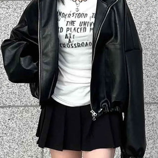Oversized Shirred Elastic Zip-up Leather Short Jacket