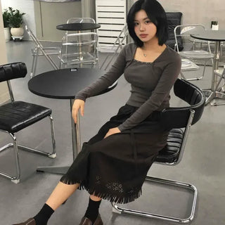Square Neck Studded Slim Fit Crop Long Sleeve Tee