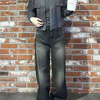 Loose Fit Vintage Washed High-Waisted Wide Denim Long Pants