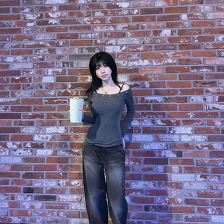 Loose Fit Vintage Washed High-Waisted Wide Denim Long Pants
