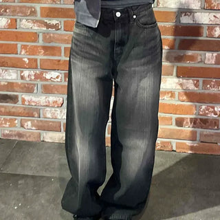 Loose Fit Vintage Washed High-Waisted Wide Denim Long Pants