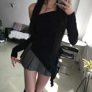 Slim Fit Diagonal Neck Off-Shoulder Frill Long Sleeve T-Shirt