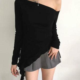 Slim Fit Diagonal Neck Off-Shoulder Frill Long Sleeve T-Shirt