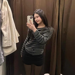 Loose-fit Striped Folding Off-shoulder Knit
