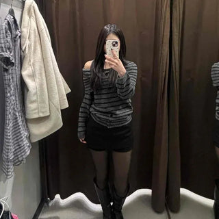 Loose-fit Striped Folding Off-shoulder Knit