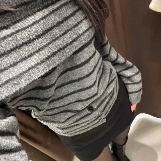 Loose-fit Striped Folding Off-shoulder Knit