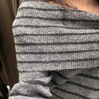 Loose-fit Striped Folding Off-shoulder Knit