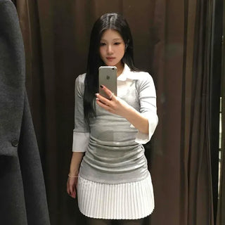 Shirt Collar Shirred Pleated Color Block Slim Fit Knit Mini Dress
