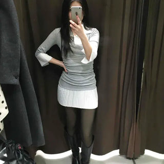 Shirt Collar Shirred Pleated Color Block Slim Fit Knit Mini Dress