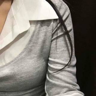 Shirt Collar Shirred Pleated Color Block Slim Fit Knit Mini Dress