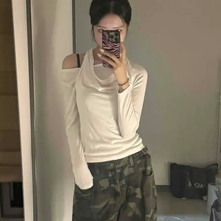 Ribbon Halter Neck Drape Slim Fit Long Sleeve T-shirt