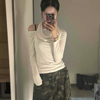 Ribbon Halter Neck Drape Slim Fit Long Sleeve T-shirt