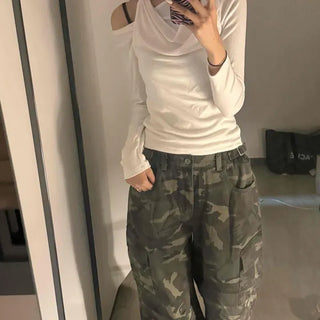 Ribbon Halter Neck Drape Slim Fit Long Sleeve T-shirt